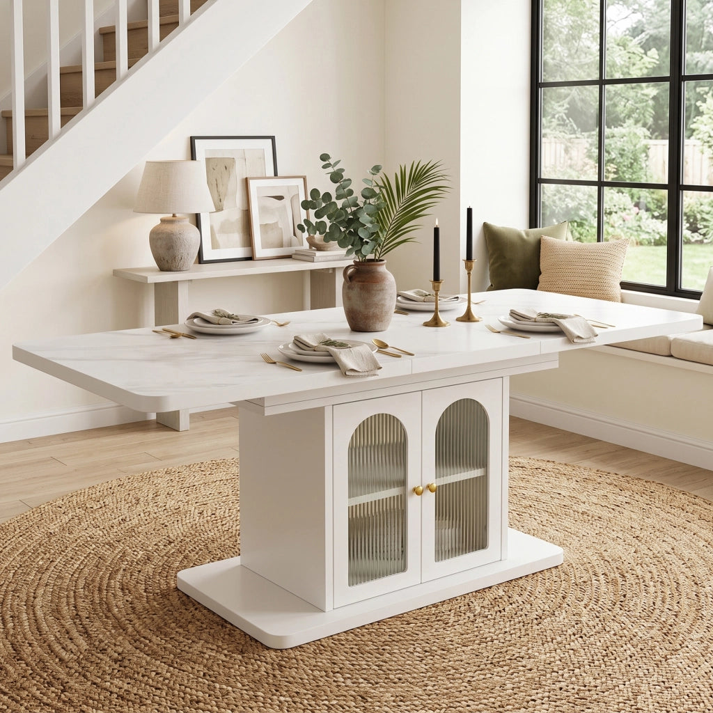 Tavolo da pranzo allungabile 150-200x80 cm con LED; per 6-8 persone; vani portaoggetti; design scandinavo; MDF bianco