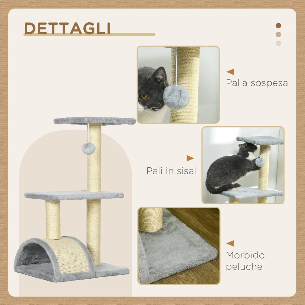 Albero Tiragraffi per Gatti a 3 Livelli 40x35x72 cm con Tiragraffi Grigio Chiaro