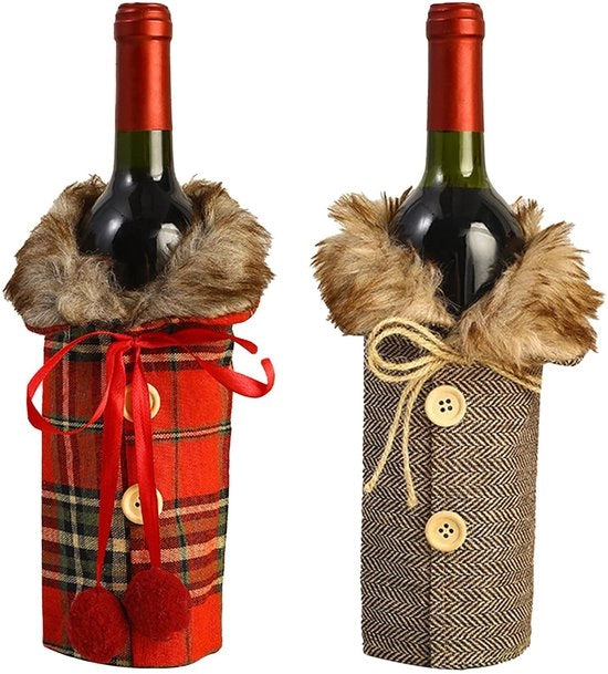 Cuscini per bottiglia di vino 2 pezzi - Cuscini in lino per bottiglia di vino - Maglia per bottiglia di whisky/champagne - Decorazioni da tavola per casa/ristorante - Dimensioni 24 x 12 cm - Rosso/Bruno - Cuscini per bottiglia di vino