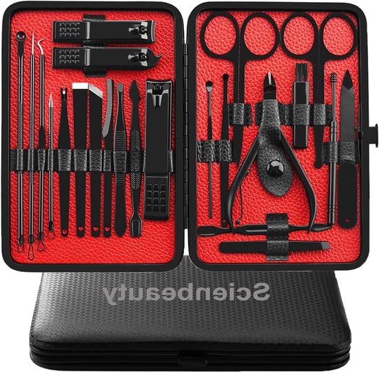 Kit di 23 in 1 per taglieragomiti in acciaio inossidabile per uomini con borsa in pelle (Nero/Rosso)