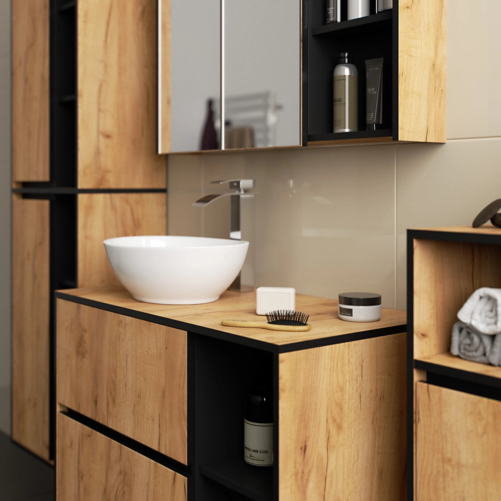 Set di mobili da bagno sospesi VAMI in Rovere Craft con interno Nero con fori per lavabo da appoggio