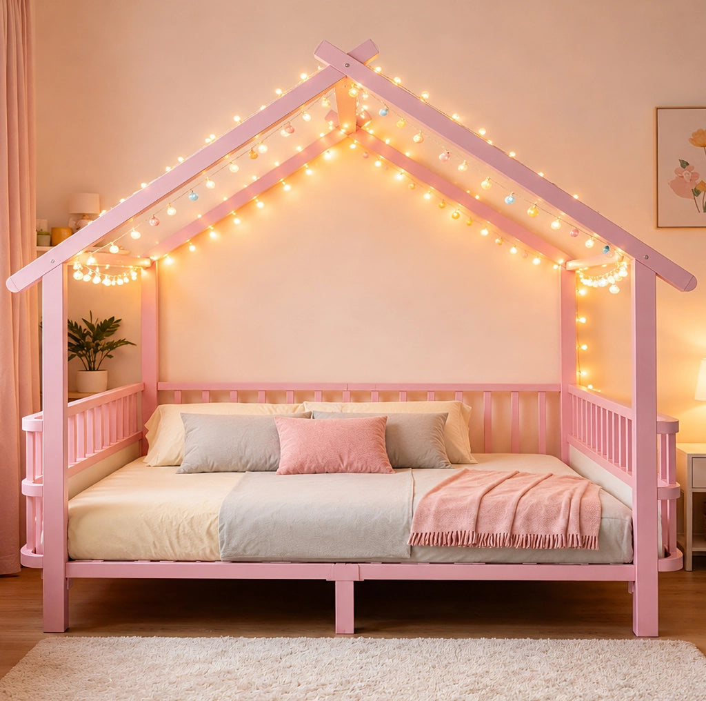 Letto per bambini 140x200 cm con sbarre di sicurezza e tetto in metallo rosa