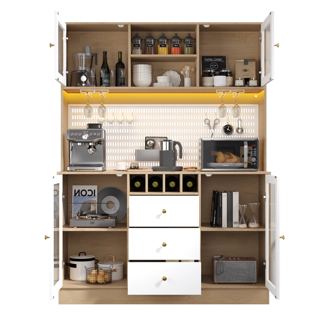 OKWISH Credenza alta da cucina con 1 cassetto, ripiani regolabili, portabicchieri e illuminazione LED, per cucina, MDF e vetro, bianco