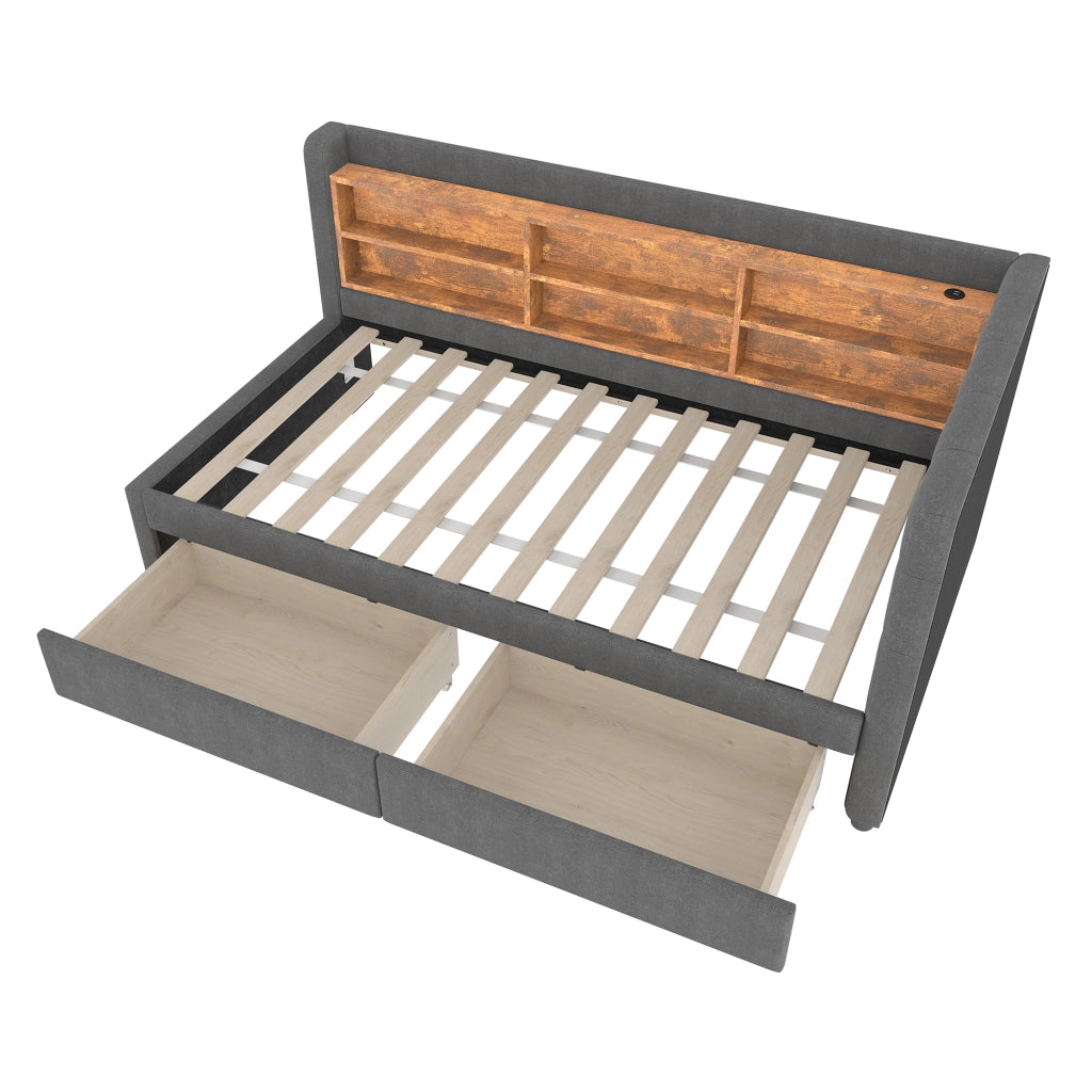 Letto singolo 90×200 cm con 2 cassetti; USB e Type-C; ripiani; senza materasso; lino; grigio
