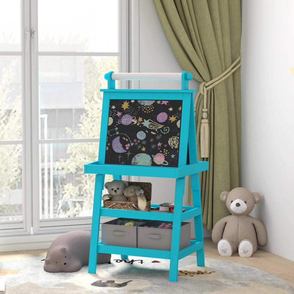 3 in 1 Kids Easel Double-Sided Magnetic Whiteboard and Chalkboard with Paper Roll, Storage Baskets - Blue