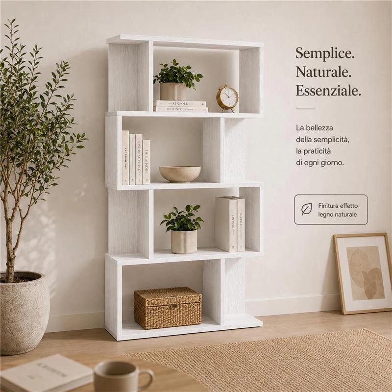 LIBRERIA CUBICA IN LEGNO BIANCO MODERNA 4 RIPIANI SFALSATI DIMENSIONI 70X24X127 CM