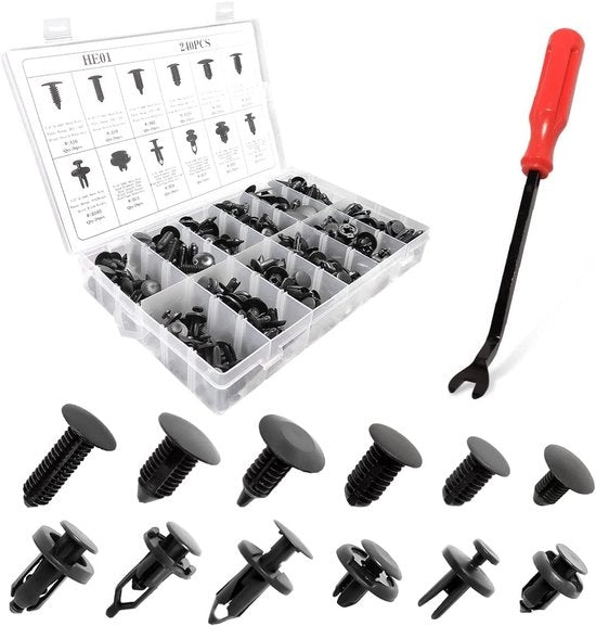 Klinknagels in Nylon 240 pezzi - Universale gamma - Tipo push-in - Per Bumper/Spatbordo - Diverse misure - Materiale nylon di alta qualità - Autoclips