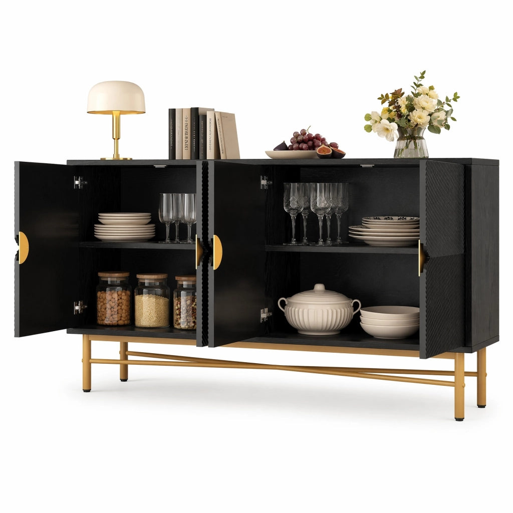 Credenza nera 160 cm con 4 ante a rilievo, maniglie dorate e chiusura ammortizzata