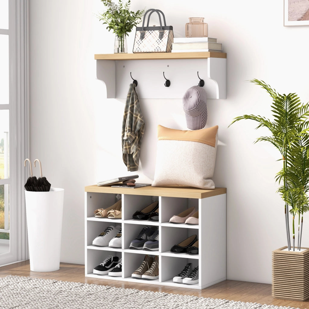 Mobile ingresso 2-in-1 appendiabiti muro panca scarpe ¨C zephmum ¨C bianco rovere 75x30x50 cm
