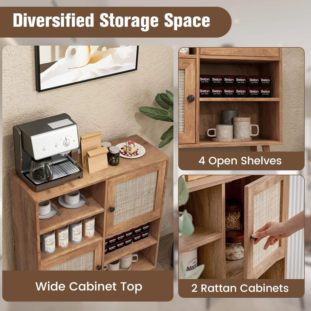 Credenza da cucina con 2 ante in rattan, armadio con 4 ripiani aperti e 2 armadi, 80 x 29,5 x 97 cm, mobile ausiliario per cucina, sala da pranzo, soggiorno