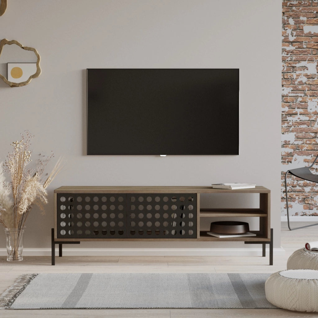 Mobile Basso 'Lemi' con Armadietto e Scomparti - Sportelli e Gambe in Metallo - Effetto Rovere Grigio [en.casa]