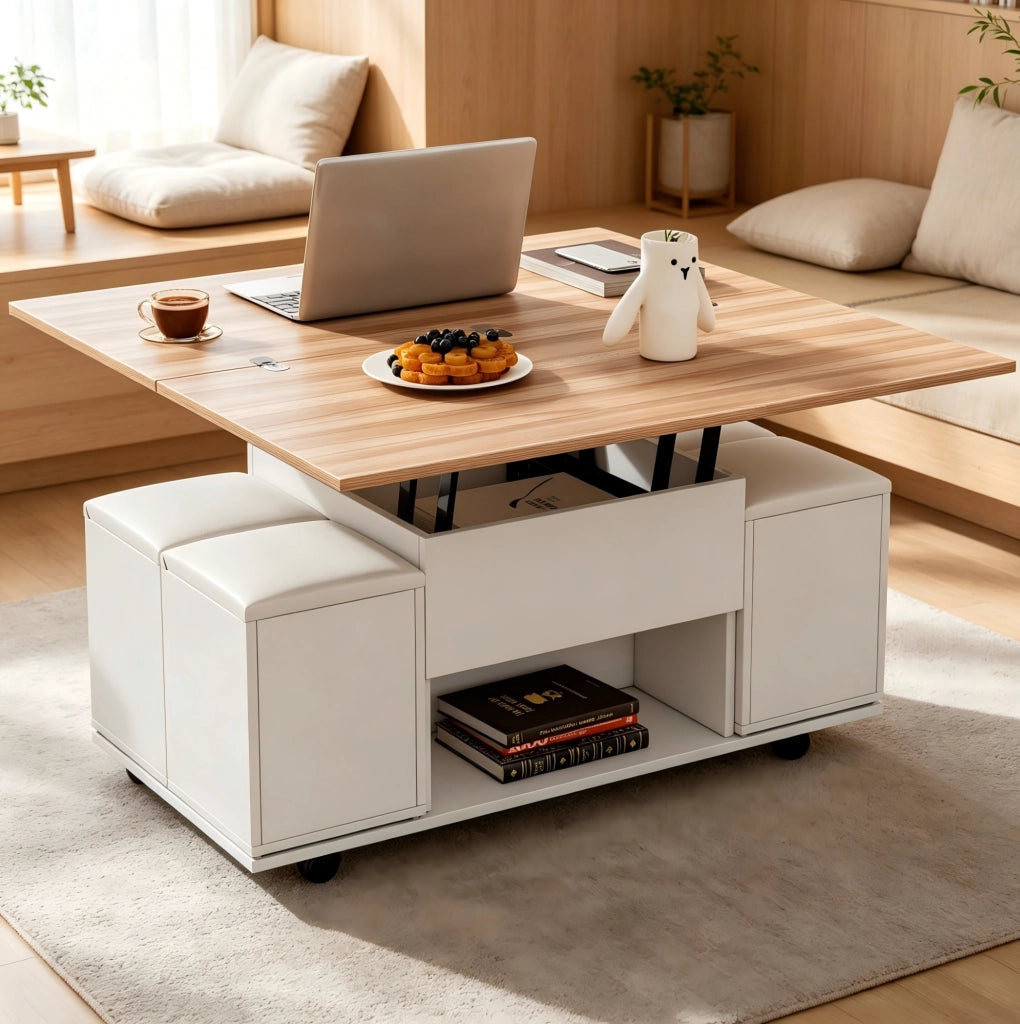 Tavolino da salotto sollevabile 2 in 1 con contenitore; 100x100x63;5 cm; bianco e naturale