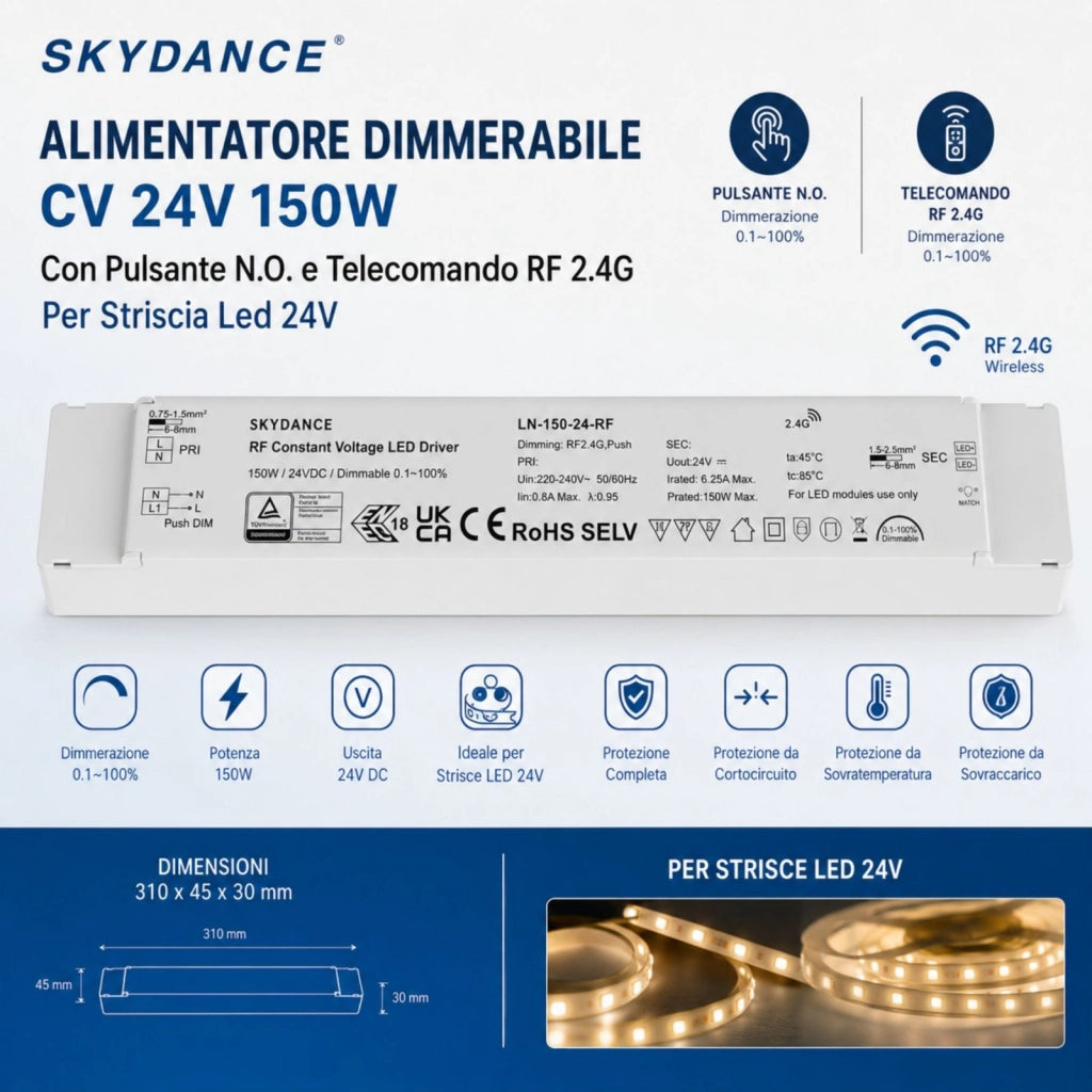 Alimentatore Dimmerabile LED 24V 150W, RF 2.4G e Push Dim per Strisce LED 310X45X30mm LN-150-24-RF