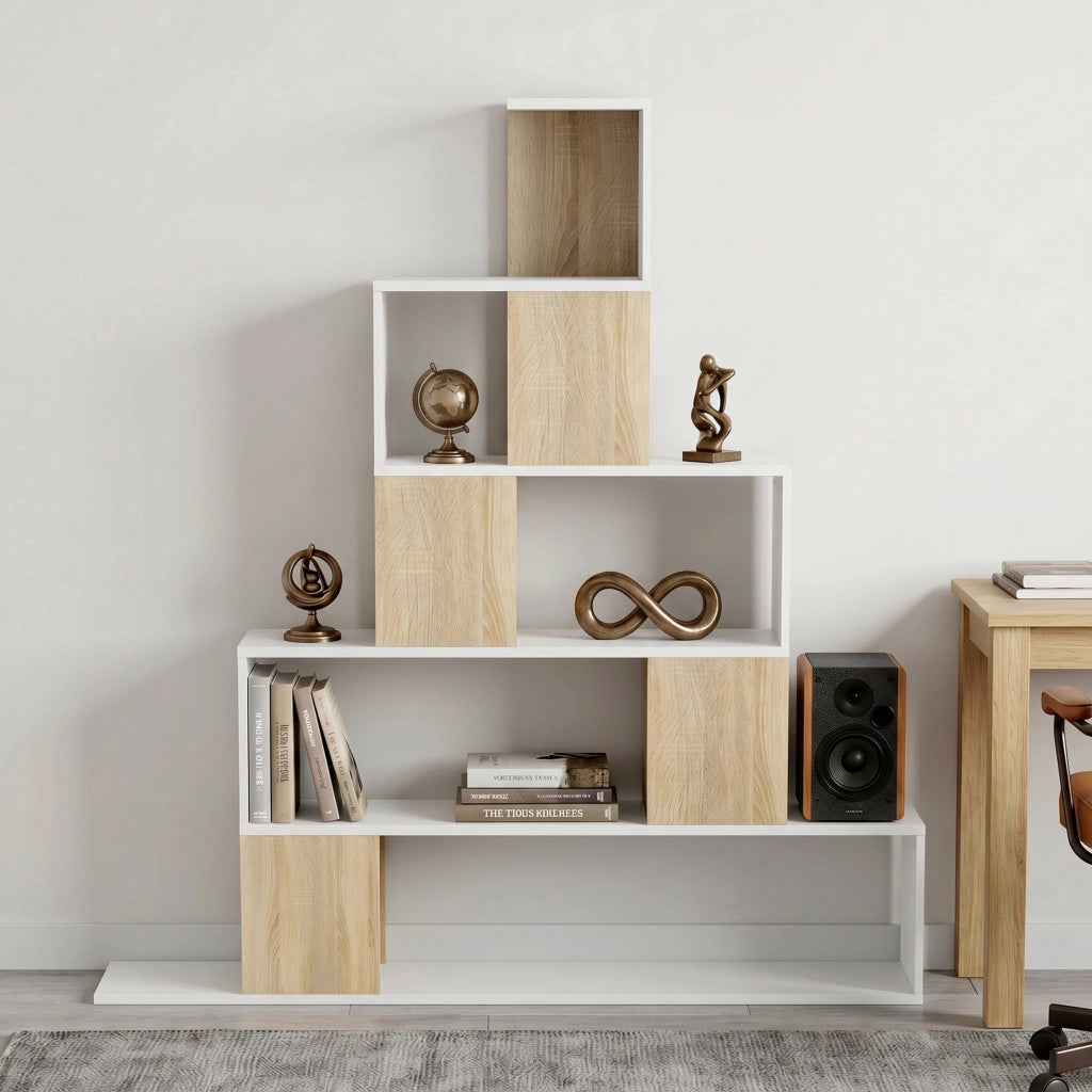 Libreria Moderna a 5 Ripiani con Design a Gradini, 120x22x131.5 cm, Bianco e Legno