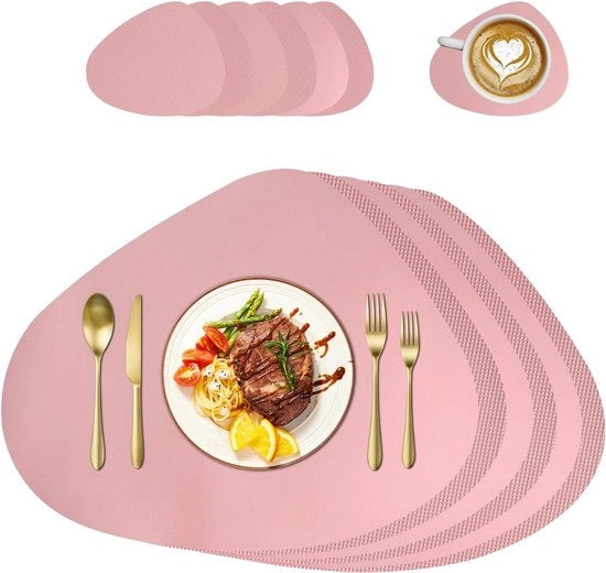 Tavoliere e sottotavoli in pelle - resistenti al calore - lavabili - insieme da tavola - rotondi - tavoliere per cucina e sala da pranzo - set da 6 (rosa) Tavoliere intrecciati rotondi