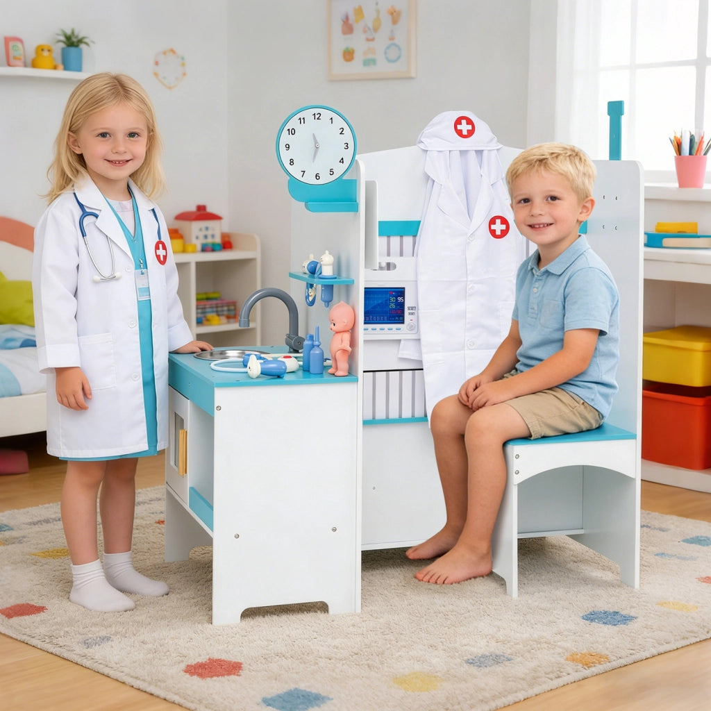 Set dottore bambini legno rubinetto lavandino monitor ecg 27 accessori, Set dottore diagramma corpo orologio barra 3-6 anni