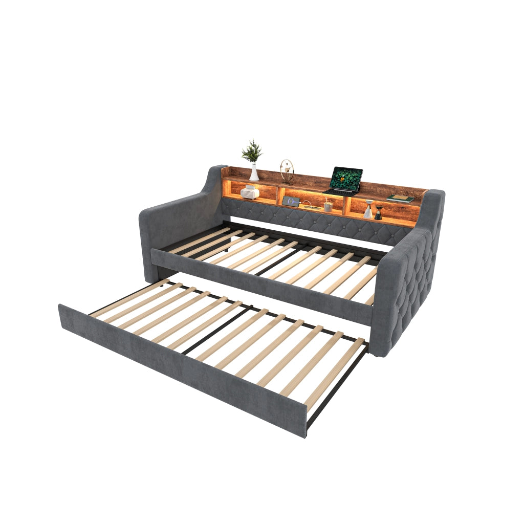 Divano letto estraibile 90x190 cm in velluto grigio scuro con LED; USB-C e contenitore