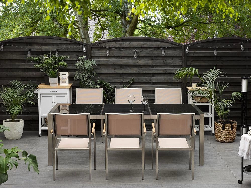 Tavolo da pranzo da giardino Piano in granito Nero e argento Gambe in acciaio inossidabile esterne 8 posti 220 x 100 x 74 cm