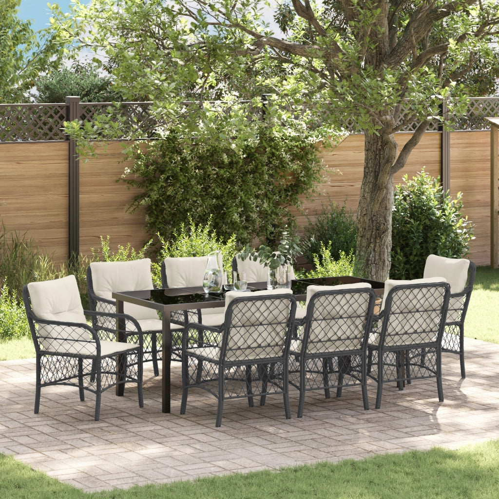 Set da pranzo da giardino da 9 pezzi con cuscini Nero Polyrattan