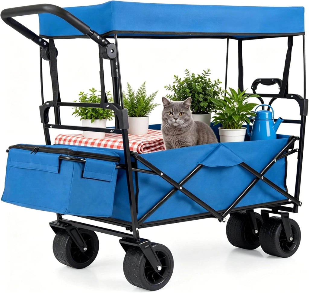 Carrello Spiaggia Pieghevole con Tetto, Carrello da Trasporto con Ruote Grandi e Borsa Portatutto, Carrello da Campeggio e Giardino, in Acciao Resistente, Chiusura Rapida, 100 KG, 100L (Blu)