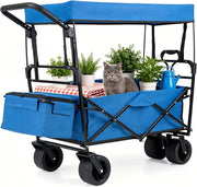 Carrello Spiaggia Pieghevole con Tetto, Carrello da Trasporto con Ruote Grandi e Borsa Portatutto, Carrello da Campeggio e Giardino, in Acciao Resistente, Chiusura Rapida, 100 KG, 100L (Blu)