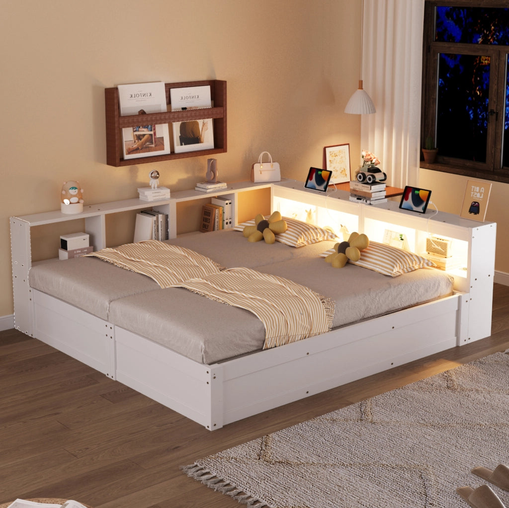 Letto multifunzione 90/180x200 cm con LED, prese e vano contenitore