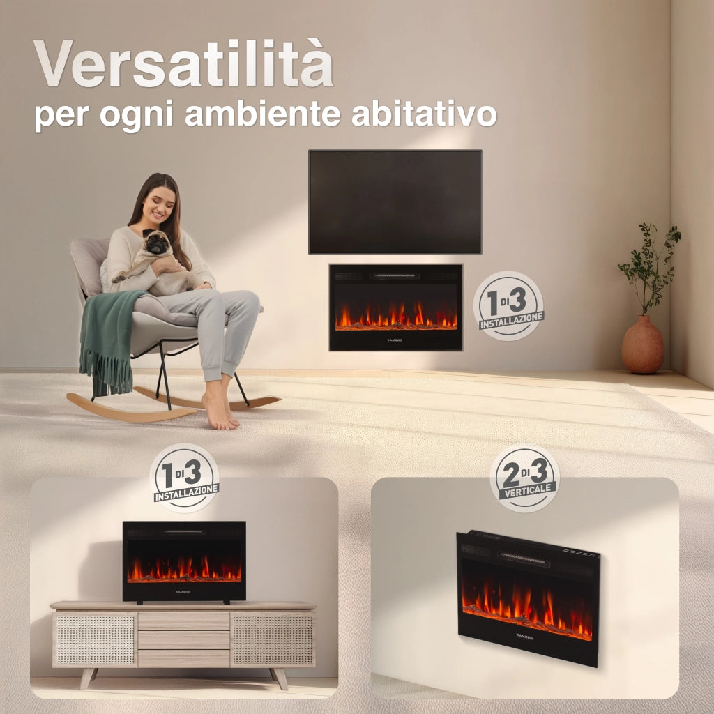 KAMINIO Camino elettrico MARLON - Camino elettrico 3 in 1 con riscaldatore, effetto fiamma 3D, 12 colori di fiamma, telecomando - 30 pollici