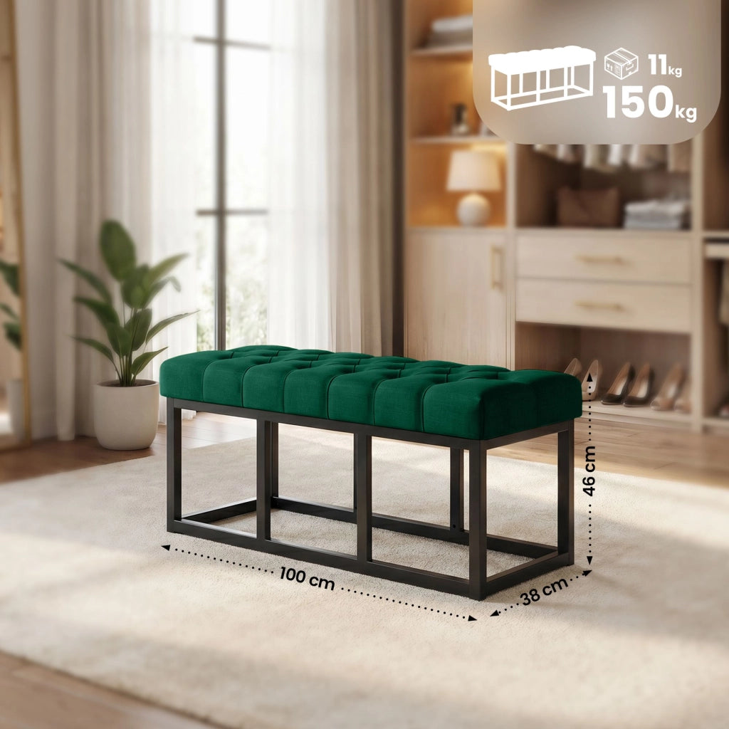 Panca design AMUN in metallo nero opaco e tessuto verde,100 cm