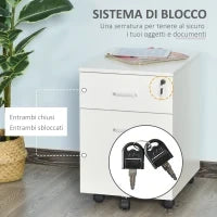 Cassettiera Ufficio a 2 Cassetti con Serratura e 5 Ruote, in Truciolato, 40x49x58 cm, Bianco