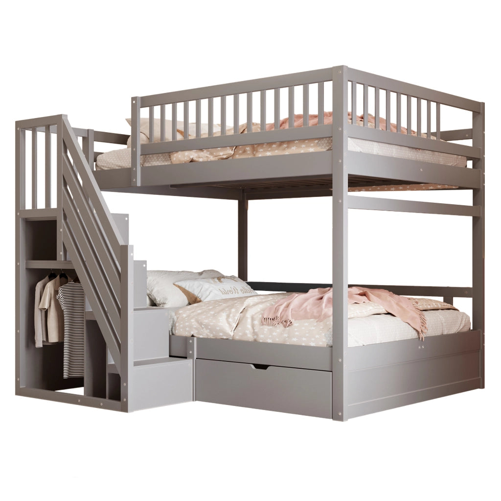 Letto a castello in legno massello 140x200 cm con scala contenitore e cassetti