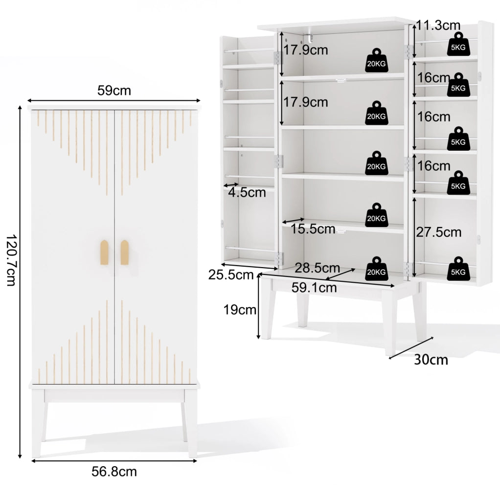 Mobile contenitore freestanding 120x59x30 cm in MDF bianco con 5 scomparti e ante