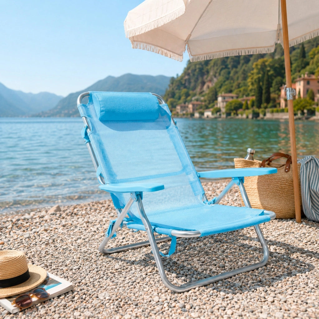 Spiaggina Relax Pieghevole Da Mare Con Telaio In Alluminio Seduta In Textilene Traspirante Poggiatesta Integrato E Braccioli Ergonomici Per Campeggio Outdoor 53 x 62 x 77 Cm Azzurro