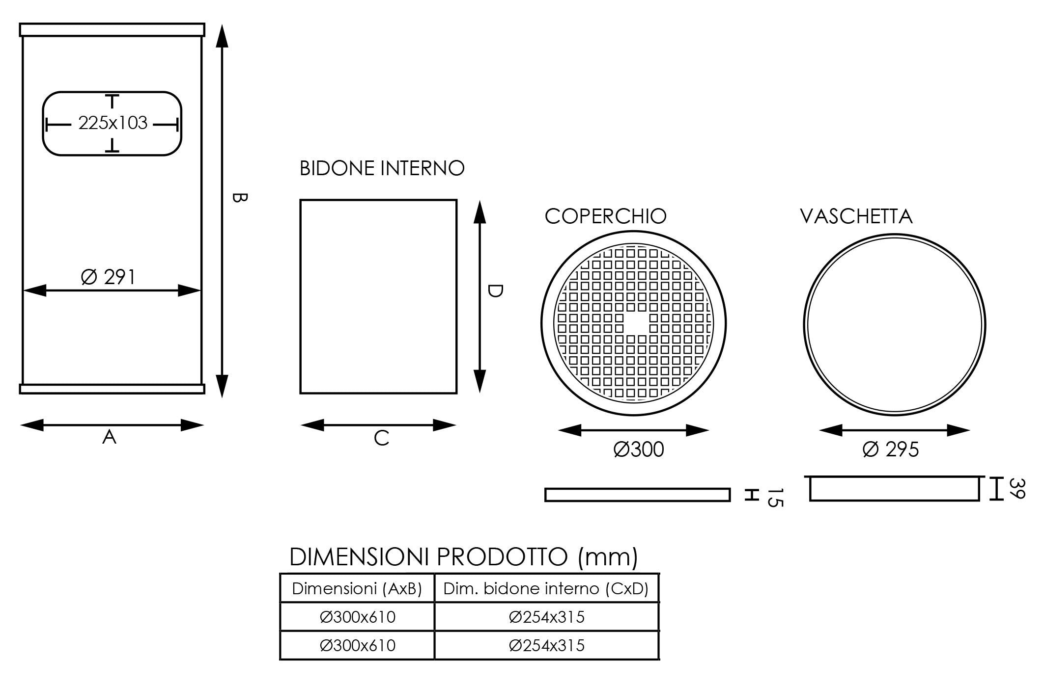 Cestino Gettacarte Posacenere Ø30 cm in Metallo Nero Opaco 15L per Interno Esterno