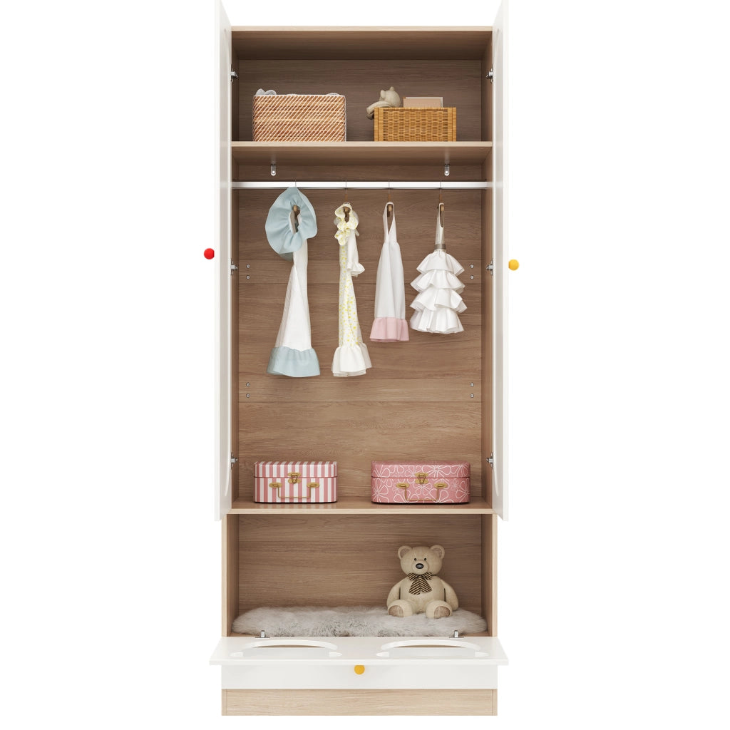 Armadio a 2 ante per bambini con barra appendiabiti e cassetti, 80 × 50 × 200 cm, bianco e effetto legno