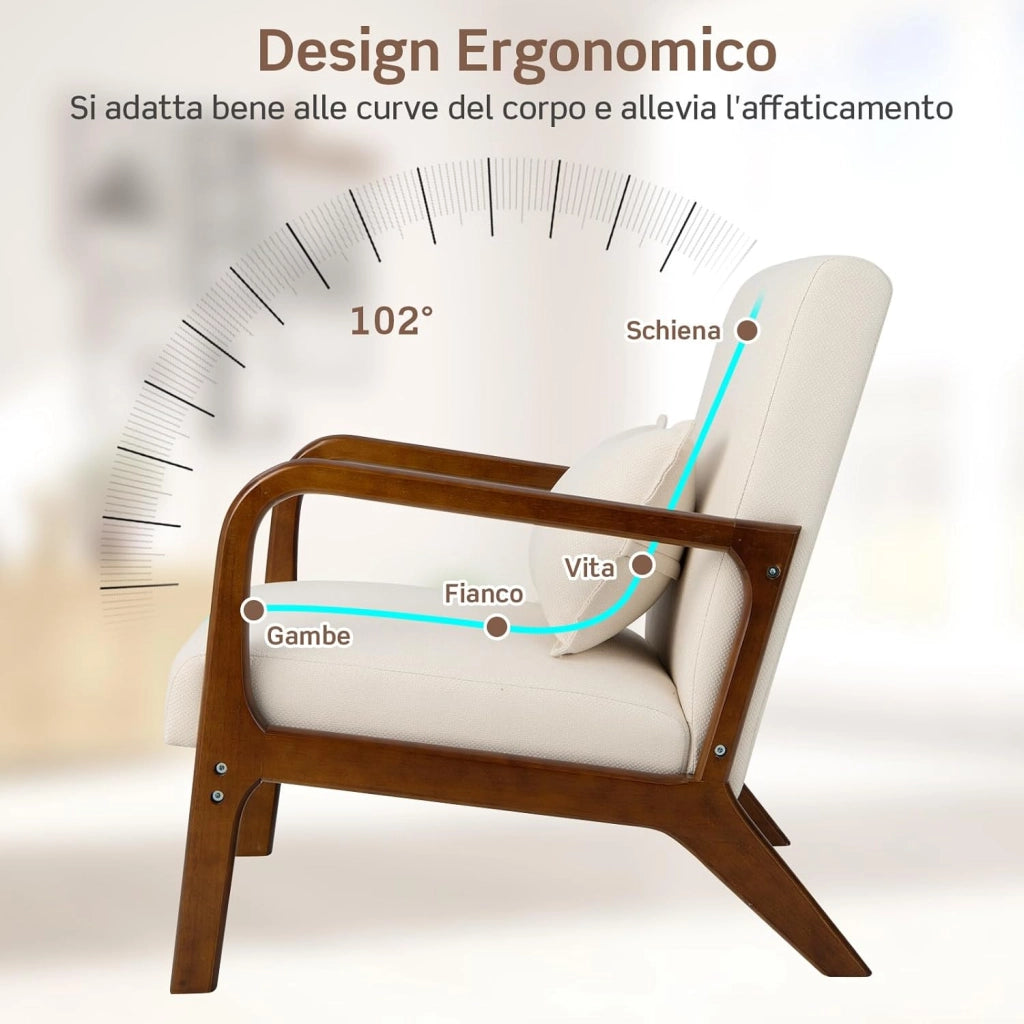 Poltrona da Salotto, Sedia da Soggiorno con Cuscino Lombare, Poltrona Moderna Imbottita, Telaio in Legno di Gomma, per Soggiorno, Camera da Letto, Portata 150 kg (Beige)