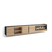Mobile TV Soggiorno, 315x50x35 cm, Per TV fino a 80", Camino elettrico XXL, Sospeso, da appendere, Rovere e nero