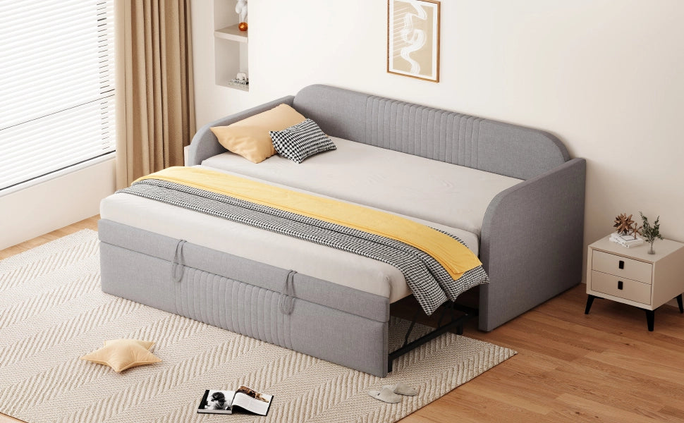 Letto divano 90 × 190 cm et 180 × 190 cm estensibile con doghe, senza materasso, in lino grigio chiaro