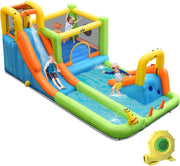 Castello gonfiabile con soffiatore da 680W, scivolo acquatico, parete da arrampicata, canestro da basket, gioco del lancio degli anelli, parco acquatico all'aperto, include pallone da basket gonfiabile, borsa per il trasporto e kit di riparazione