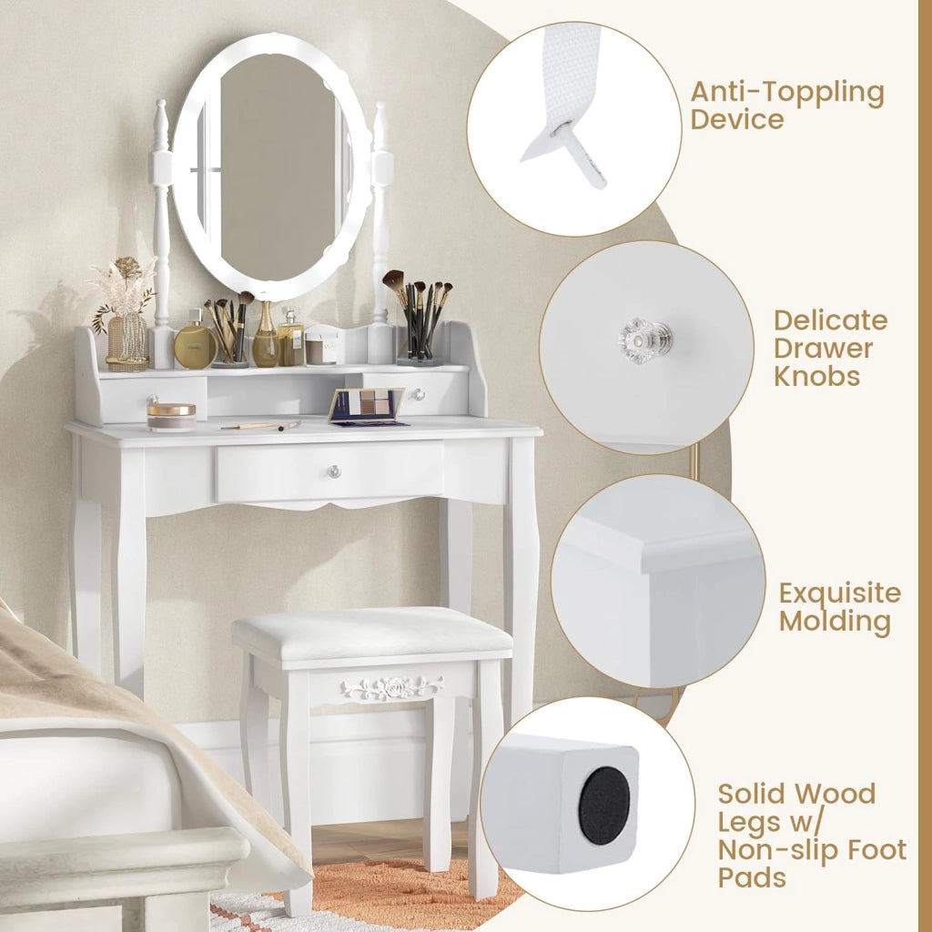 Scrivania da Toilette con Sgabello, Tavolo Vanity con Cassetti, 3 Modalità di Illuminazione, Luminosità Regolabile, Specchio Rotante a 360° Set di Tavolo per Trucco per Camera da Letto