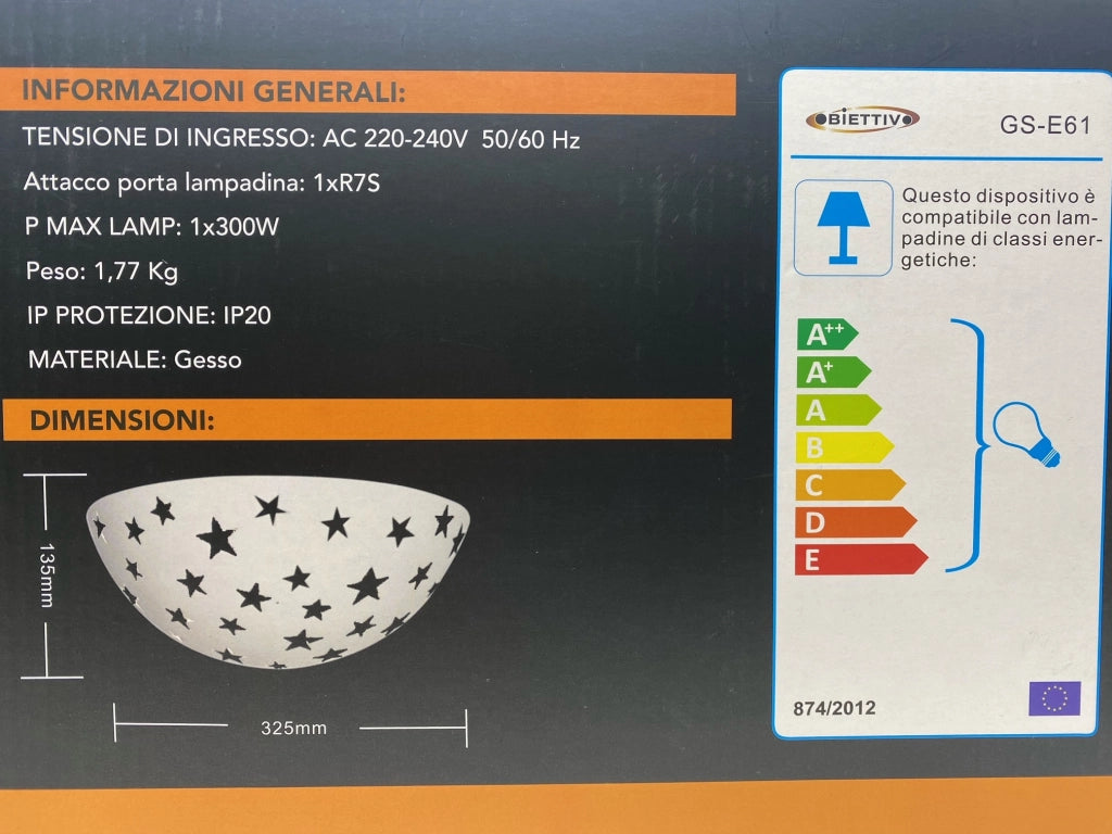 APPLIQUE IN GESSO LAMPADA DA PARETE A LED R7S STELLE LUMINOSE LUCE CALDA 3000K