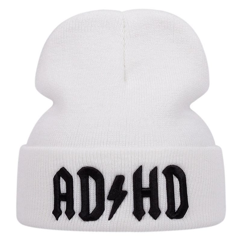 Cappelli invernali caldi lavorati a maglia con ricamo ADHD, colore bianco.