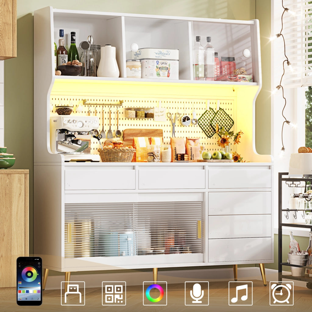 Mobile Alto con LED e Cassetto, Credenza Cucina o Sala ¨C Xylo ¨C Bianco, 145x39x171