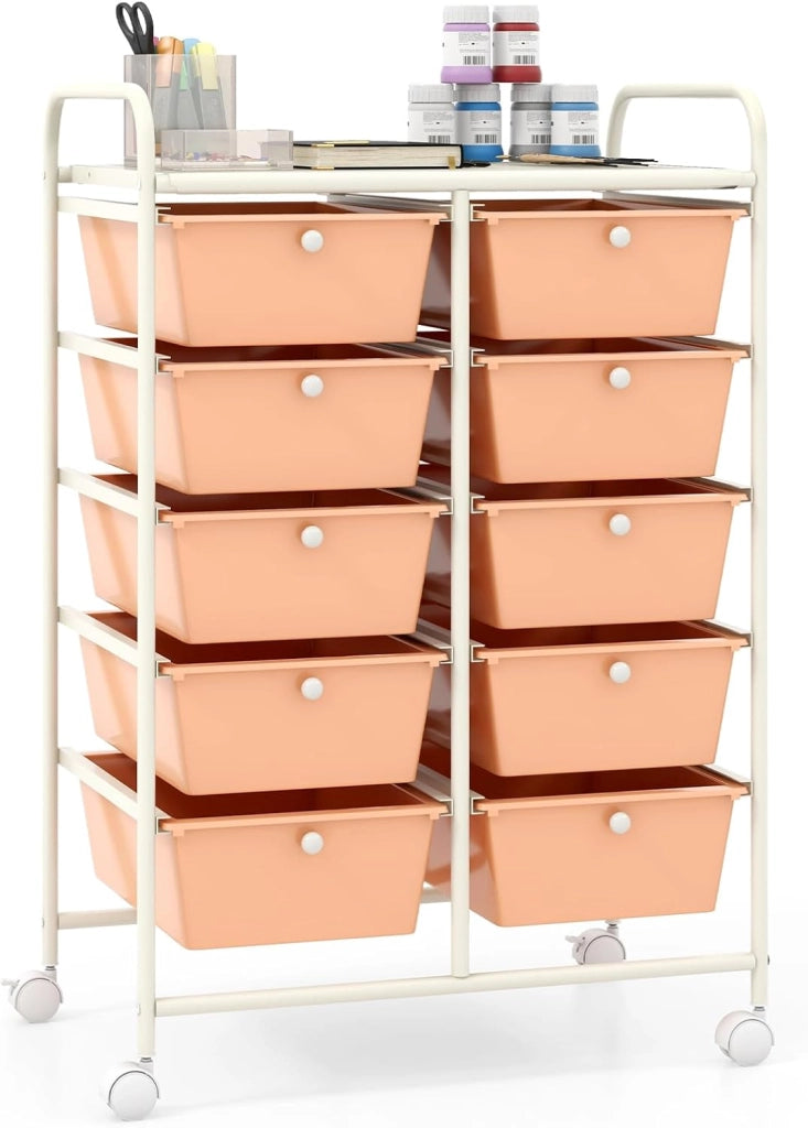 Carrello con 10 cassetti, impilabile, per cassetti, da cucina, bagno, ufficio, 65,5 x 37 x 87 cm (arancione chiaro)