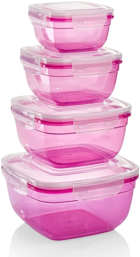 Set di contenitori per cibo quadrato, 4 pezzi, plastico, 100% ermetici, contenitori di conservazione magnetron resistenti, 0,5L, 0,9L, 1,5L, 2,4L