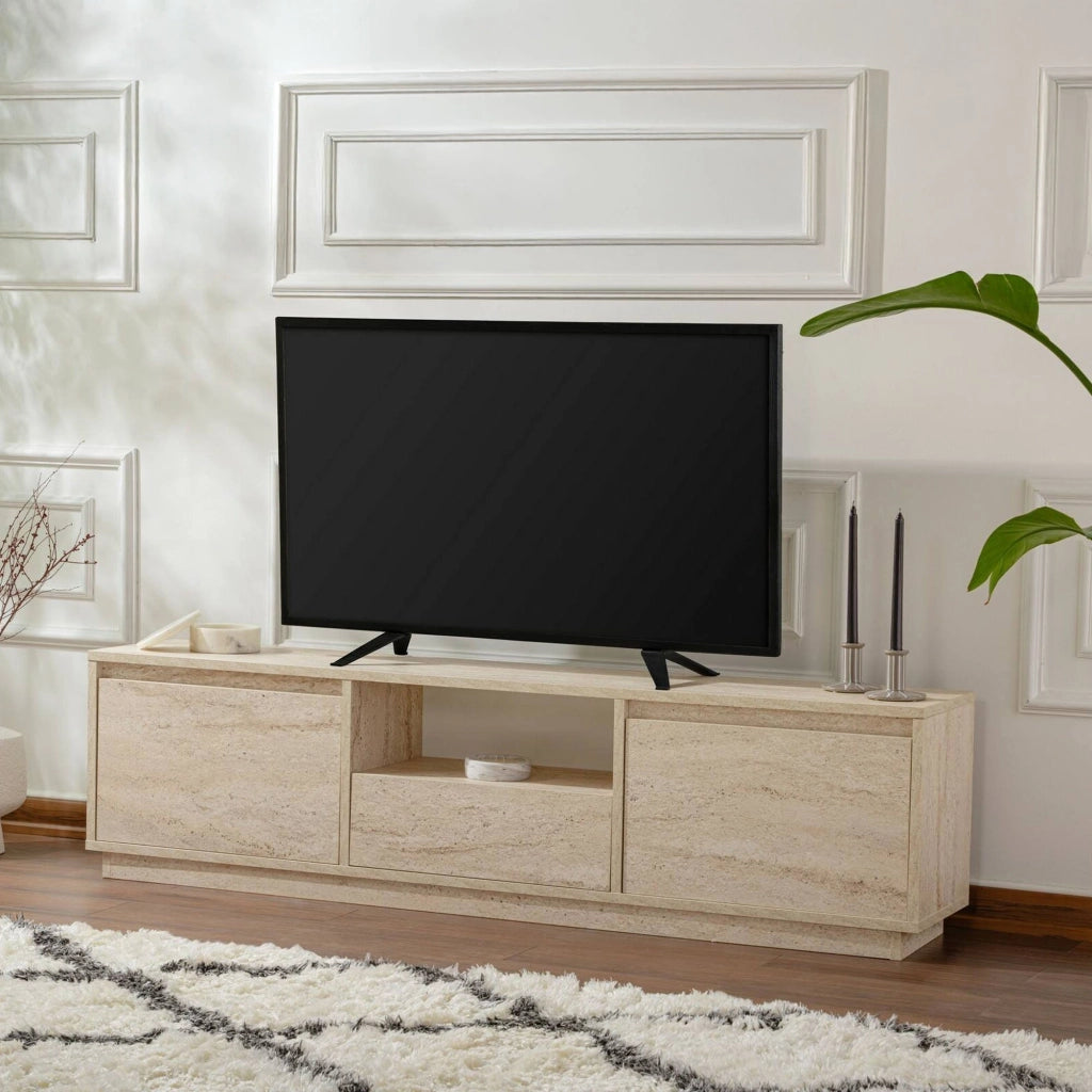Mobile porta TV Morrigan, Credenza da soggiorno, Armadio basso per TV, Base parete attrezzata, 160x30 h42 cm, Beige
