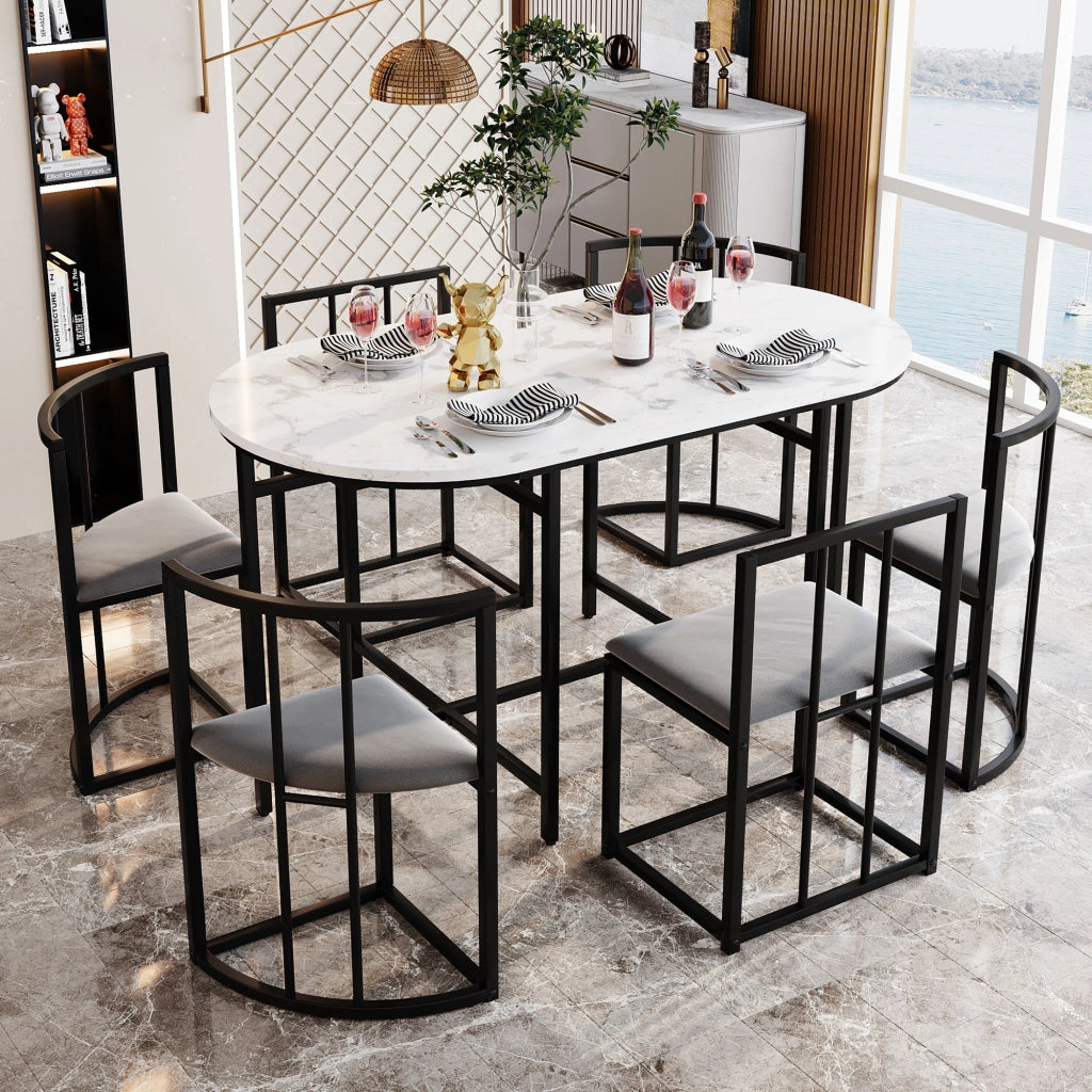Tavolo da pranzo per 6 persone con 6 sedie con schienale e seduta imbottita stile moderno in MDF bianco e ferro nero