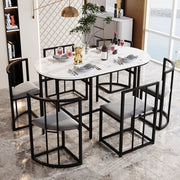 Tavolo da pranzo per 6 persone con 6 sedie con schienale e seduta imbottita stile moderno in MDF bianco e ferro nero