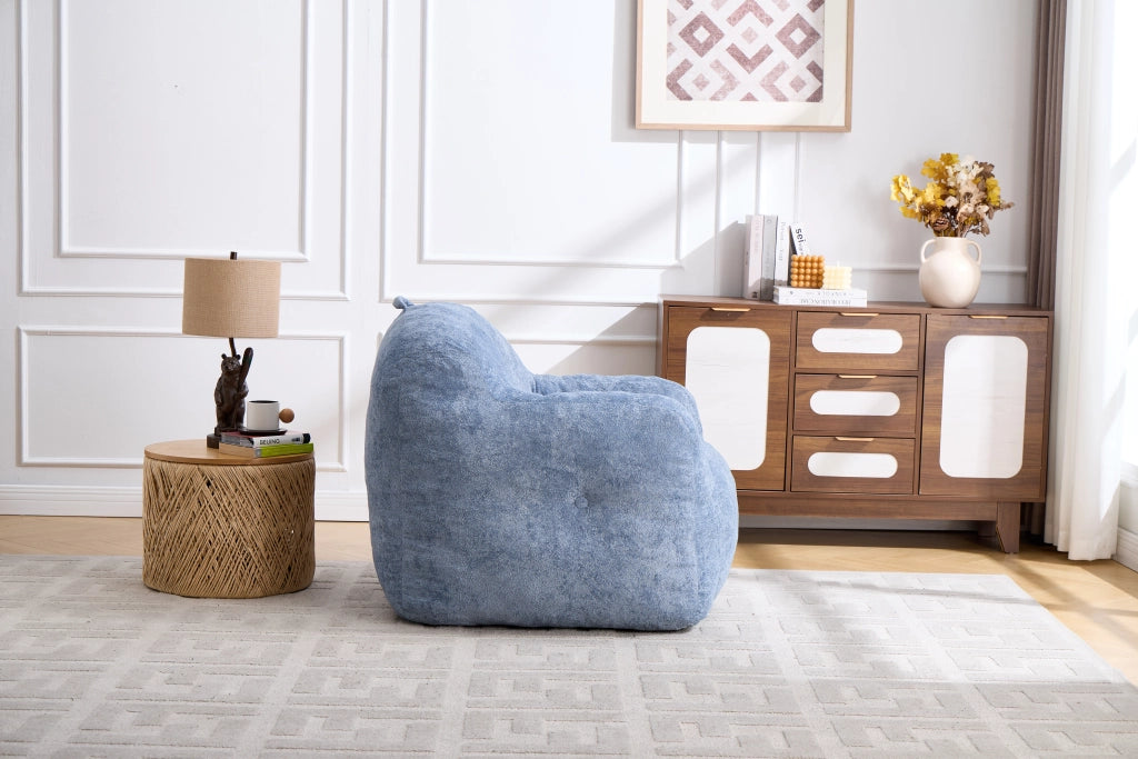 Pouf lounge in pelliccia sintetica con schienale ergonomico e imbottitura in schiuma sminuzzata senza montaggio blu