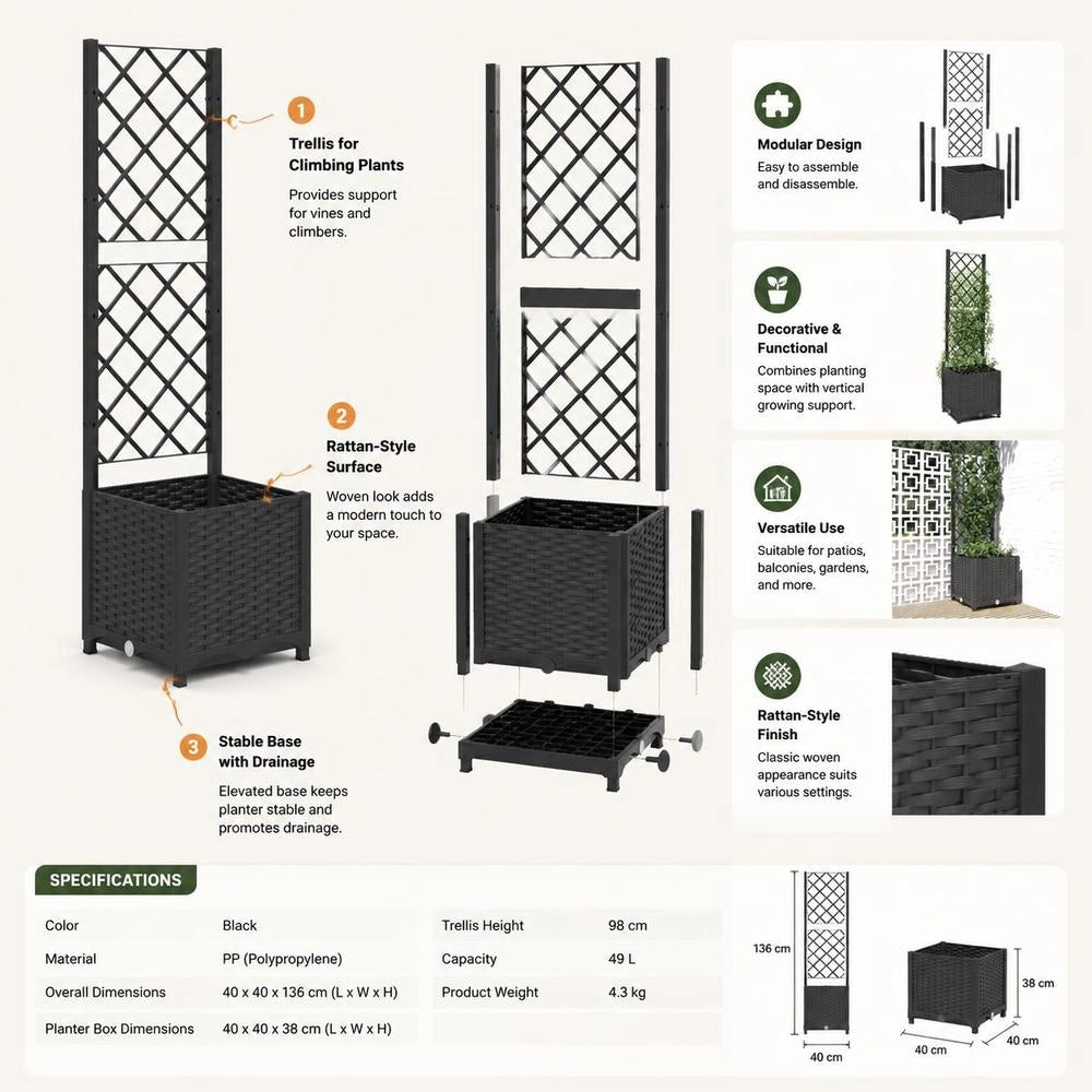 Garden Planter With Trellis Black 40 X 40 X 136 Cm PP