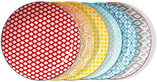 Tavolo da Cucina in Porcellana, Set di Piatti Colorati Grande, 6 Pezzi Piatti Ceramici Resistenti al Microonde e Lavastoviglie, con Disegno e Colorati